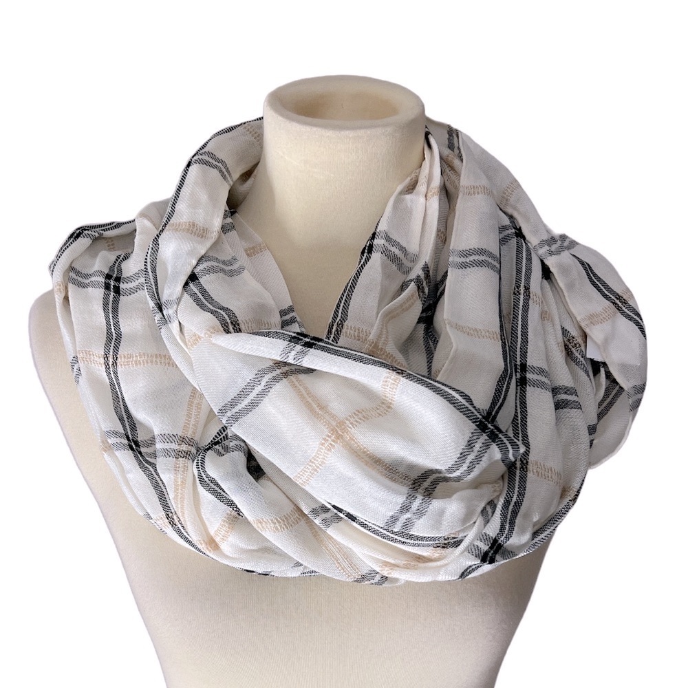 Loft Womens Infinity Plaid Scarf Lightweight Cream Black And Light Beige New